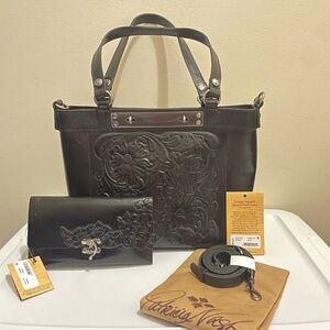 Patricia Nash Arden Black Floral Embossed Leather Handbag Set with Wallet
